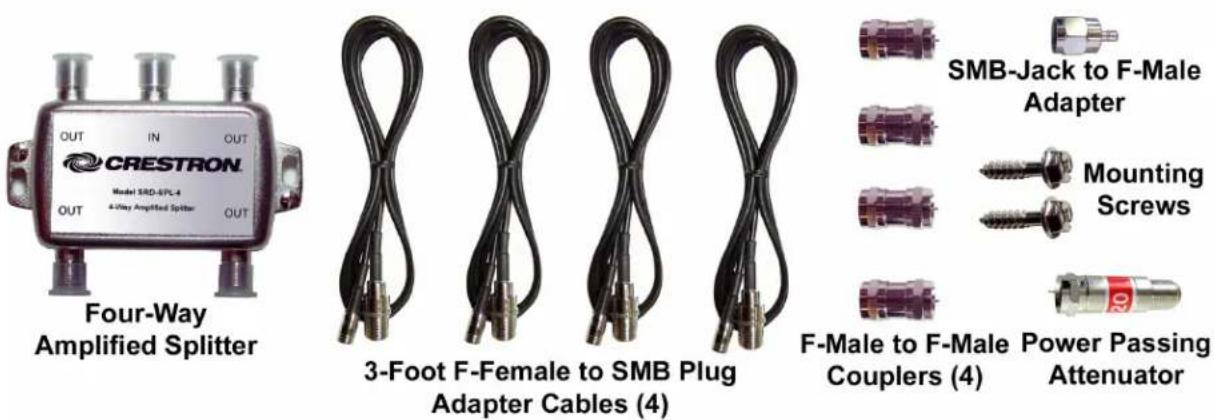 CRESTRON Model SRD-SPL-4 4-Way Amplified Splitter OUT IN OUT OUT Four-Way Amplified Splitter 3-Foot F-Female to SMB Plug Adapter Cables (4) SMB-Jack to F-Male Adapter Mounting Screws F-Male to F-Male Couplers (4) Power Passing Attenuator