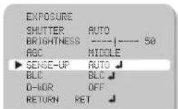 EXPOSURE SHUTTER AUTO BRIGHTNESS ----50 AGC MIDDLE ► SENSE-UP AUTO BLC BLC D-DR OFF RETURN RET