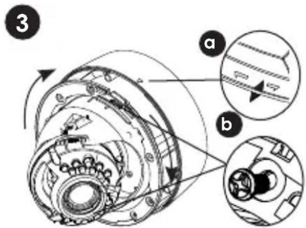 Technical diagram of a mechanical assembly with labeled parts (a) and (b), showing internal components and directional arrows.