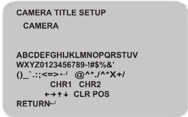 CAMERA TITLE SETUP CAMERA ABCDEFGHIJKLMNOPQRSTUVWXYZ0123456789-!#$%&' ()/_.:;<=>← @^*./^*X+/ CHR1 CHR2 ↔↑↓ CLR POS RETURN←