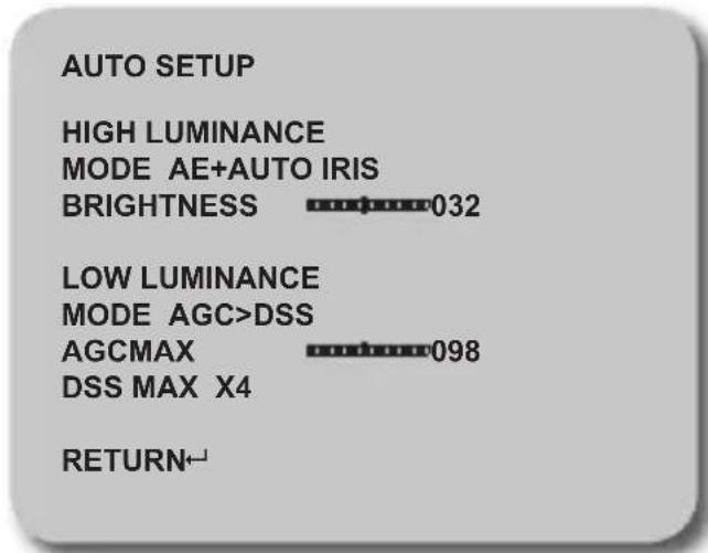 AUTO SETUP HIGH LUMINANCE MODE AE+AUTO IRIS BRIGHTNESS 032 LOW LUMINANCE MODE AGC>DSS AGCMAX 098 DSS MAX X4 RETURN