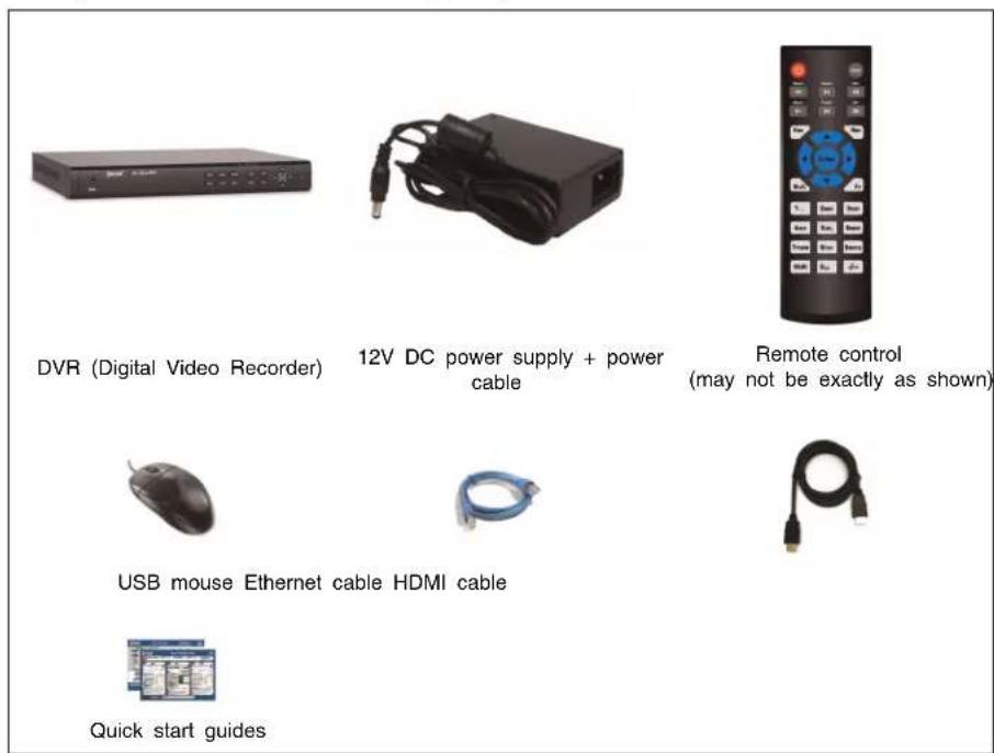 DVR (Digital Video Recorder) 12V DC power supply + power cable Remote control (may not be exactly as shown) USB mouse Ethernet cable HDMI cable Quick start guides