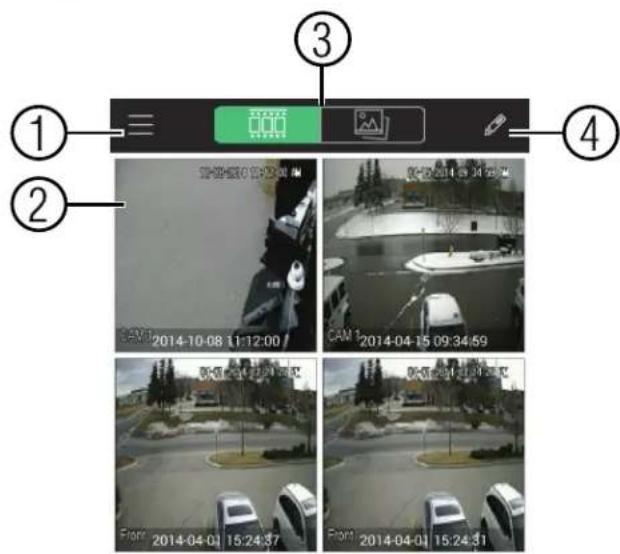 Screenshot of a surveillance camera interface with four labeled panels showing camera feeds, timestamps, and vehicle locations.