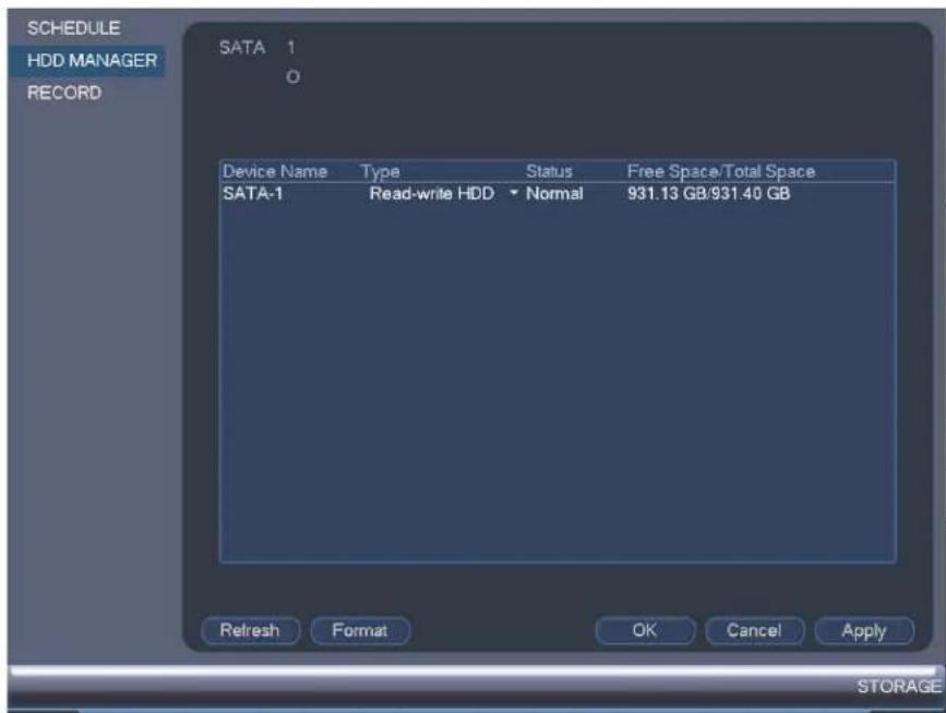 SCHEDULE HDD MANAGER RECORD SATA 1 0 Device Name Type Status Free Space/Total Space SATA-1 Read-write HDD ▼ Normal 931.13 GB/931.40 GB Refresh Format OK Cancel Apply STORAGE