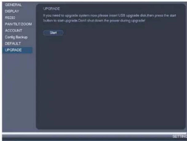 GENERAL DISPLAY RS232 PAN/TILT/ZOOM ACCOUNT Config Backup DEFAULT UPGRADE UPGRADE If you need to upgrade system now, please insert USB upgrade disk, then press the start button to start upgrade. Don't shut down the power during upgrade! Start SETTING