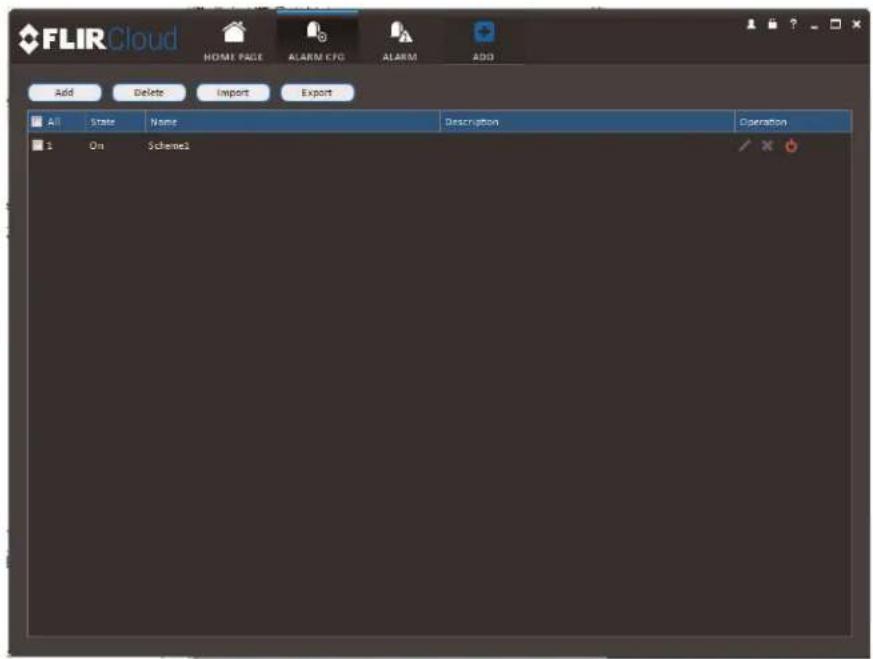 FLIR Cloud HOME PAGE ALARM CFG ALARM ADD Add Delete Import Export All State Name Description Operation On Scheme1