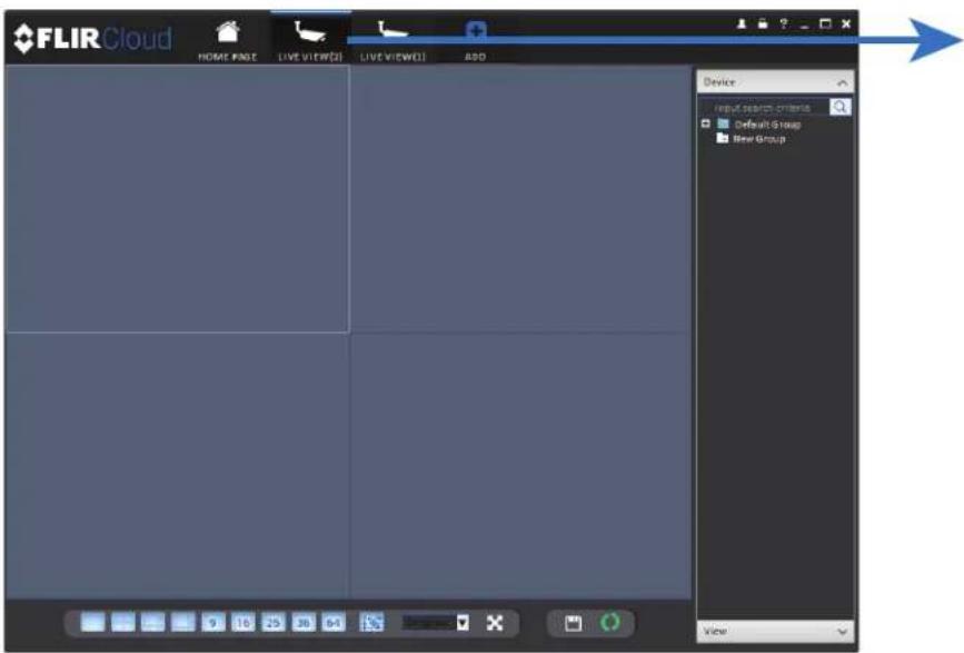 FLIRCloud HOME PAGE LIVE VIEW(S) LIVE VIEW(S) ADD Device Input search criteria Default Group New Group View