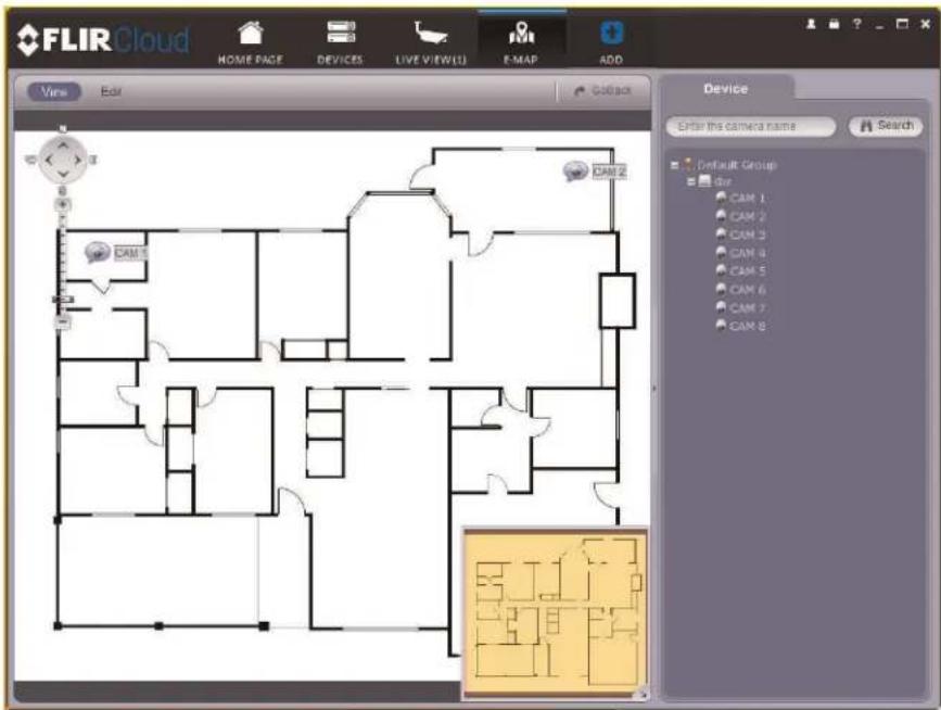 FLIR Cloud HOME PAGE DEVICES LIVE VIEW(L) E-MAP ADD View Edit GoBack CAM 2 CAM 1 CAM 2 CAM 3 CAM 4 CAM 5 CAM 6 CAM 7 CAM 8 Device Enter the camera name Search Default Group cam CAM 1 CAM 2 CAM 3 CAM 4 CAM 5 CAM 6 CAM 7 CAM 8