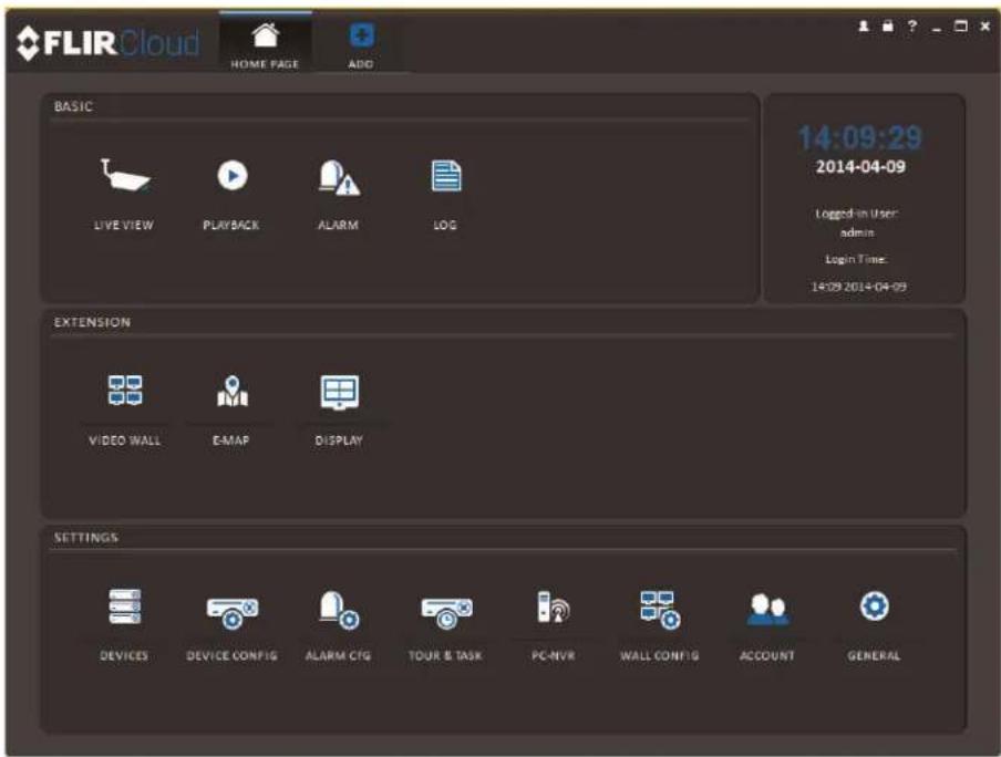 FLIR Cloud HOME PAGE ADD BASIC 14:09:29 2014-04-09 LIVE VIEW PLAYBACK ALARM LOG EXTENSION VIDEO WALL E-MAF DISPLAY SETTINGS DEVICES DEVICE CONFIG ALARM CFG TOUR & TASK PC-NVR WALL CONFIG ACCOUNT GENERAL