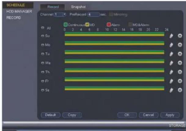 SCHEDULE HDD MANAGER RECORD Record Snapshot Channel 1 PreRecord 4 sec Nimping Continuous MD Alarm MD&Alarm All 0 2 4 6 8 10 12 14 16 18 20 22 24 Su Mo Tu We Th Fr Sa Default Copy OK Cancel Apply STORAGE