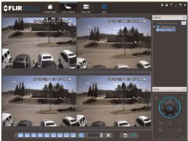 FLIR Cloud AOSAFE PAGE LIVE VIEW(S) BEIJCES ADD 35-02-2014 32:15 16 PM Front CAM 2 35-02-2014 32:15 16 PM CAM 3 CAM 4 Device Default Group Ready Image View