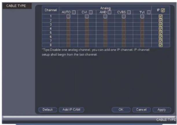 CABLE TYPE Channel AUTO CVI Analog AHD CVBS TVI IP ✓ 1 2 3 4 5 6 7 8 *Tips Disable one analog channel, you can add one IP channel. IP channel setup shall begin from the last channel. Default Add IP CAM OK Cancel Apply CABLE TYPE