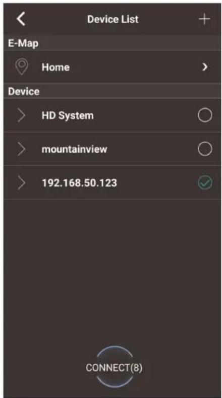 Device List E-Map Home Device > HD System > mountainview > 192.168.50.123 CONNECT(8)