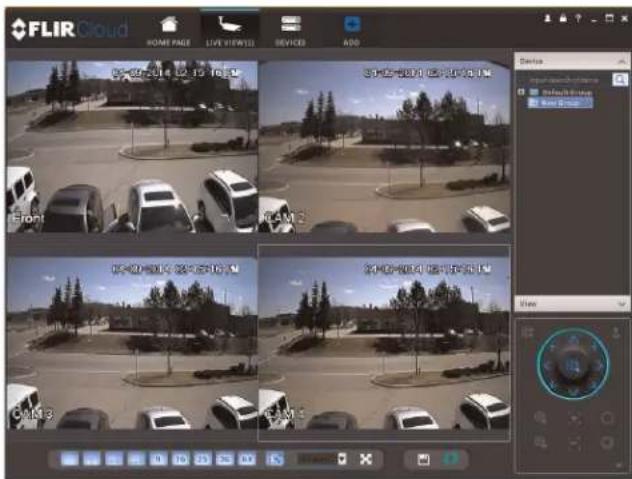 FLIR Cloud HOME PAGE LIVE VIEWED BEVICED ADD 25:00-21:12 12:15 TO 14 Front 0 AM 30:00-00:00 00:00-00:00 30:00-00:00 00:00-00:00 C#13 C#13 30:00-00:00 00:00-00:00 View