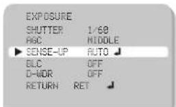 EXPOSURE SHUTTER 1/60 APC MIDDLE SENSE-UP AUTO BLC OFF D-WDR OFF RETURN RET