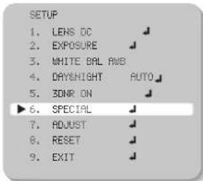 SETUP 1. LENS DC 2. EXPOSURE 3. WHITE BAL AWB 4. DAY&NIGHT AUTO 5. ZONR ON 6. SPECIAL 7. ADJUST 8. RESET 9. EXIT