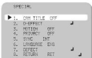 SPECIAL 1. CAM TITLE OFF 2. D-EFFECT 3. MOTION OFF 4. PRIVACY OFF 5. SYNC INT 6. LANGUAGE ENG 7. DEFECT 8. RETURN RET