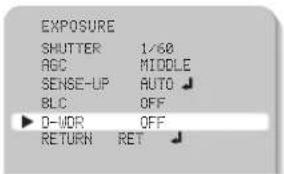 EXPOSURE SHUTTER 1/60 AGC MIDDLE SENSE-UP AUTO BLC OFF ► D-MOR OFF RETURN RET