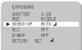 EXPOSURE SHUTTER 1/60 AGC MIDDLE ► SENSE-UP AUTO BLC OFF D-WOR OFF RETURN RET