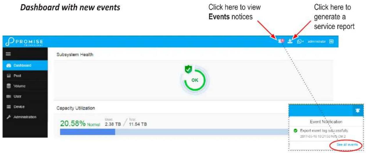 Dashboard with new events Click here to view Events notices Click here to generate a service report PROMISE TRANSMISSIONS Subsystem Health OK Capacity Utilization 20.58% Normal Usage Total 2.38 TB 11.54 TB Event Notification Export event log successfully. 2017-05-16 10:21:50 from Oct 2 See all events