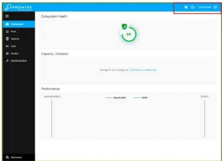 PROMISE DISCUSSIONAL SYSTEM Dashboard Pixel Volume User Device Administration Subsystem Health OK Capacity Utilization Storage is not configured. Click here to create one Performance andwidth(DB)(R) Bandwidth DCPS CPSS(R) Discovery