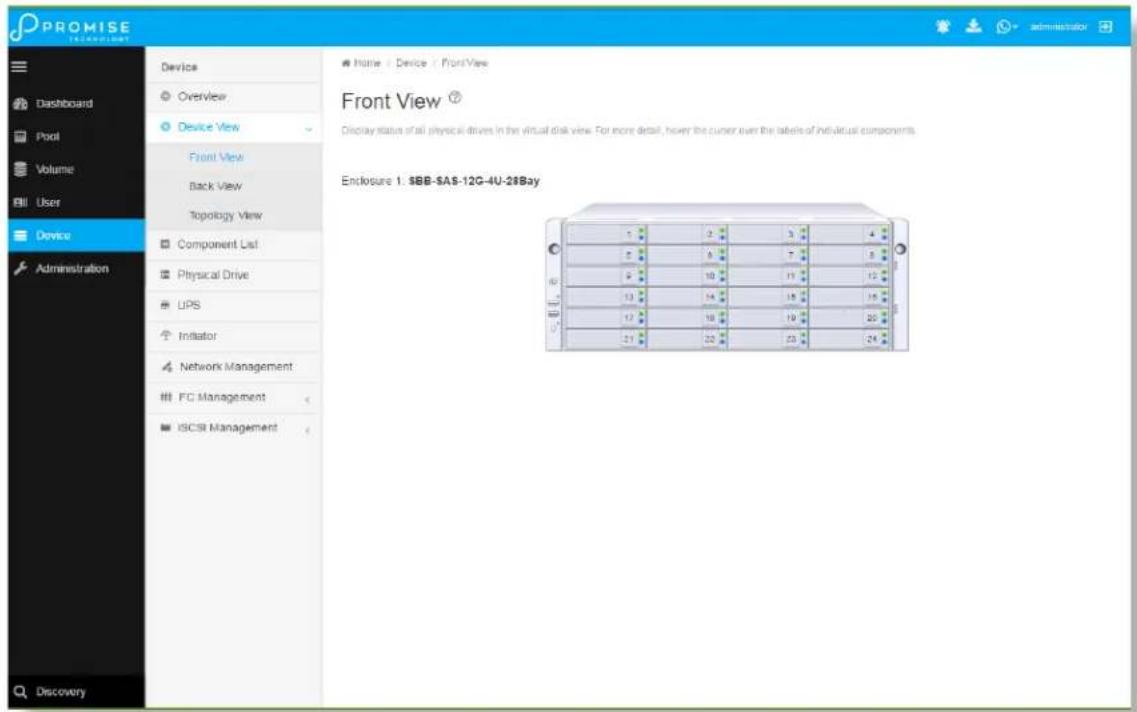 PROMISE TECHNICOMET Dashboard Pool Volume User Device Administration Discovery Device Overview Device View Front View Back View Topology View Component List Physical Drive UPS Initiator Network Management FC Management ISCSI Management Home | Device | FrontView Front View ? Display status of all physical drives in the virtual disk view. For more detail, however the corner over the labels of individual components. Enclosure 1. BB-AS-12G-4U-2#Bay