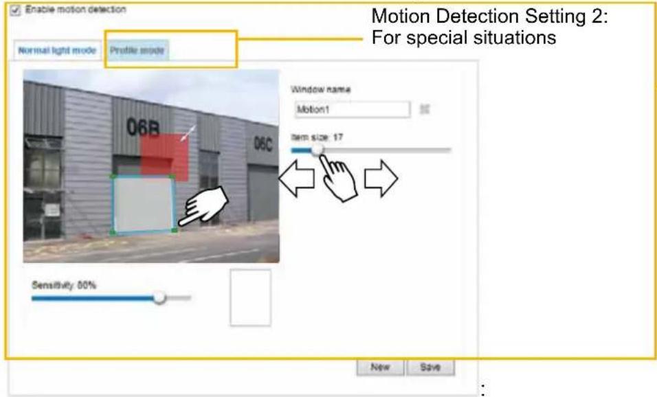 Enable motion detection Normal light mode Profile mode Motion Detection Setting 2: For special situations Window name Motion1 Item size: 17 Sensitivity: 00% New Save
