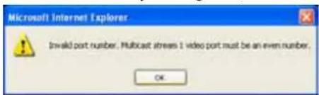 Microsoft Internet Explorer Inward post number, Multicast stream 1 video port must be an even number. OK