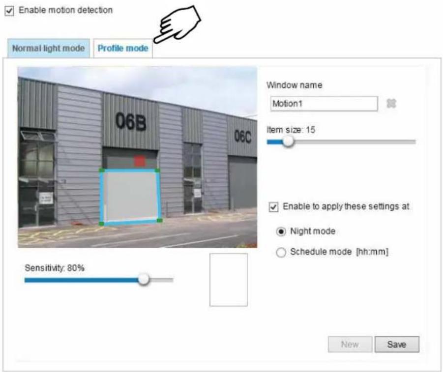 Enable motion detection Normal light mode Profile mode Window name Motion1 Item size: 15 Enable to apply these settings at ● Night mode ○ Schedule mode [hh:mm] Sensitivity: 80% New Save