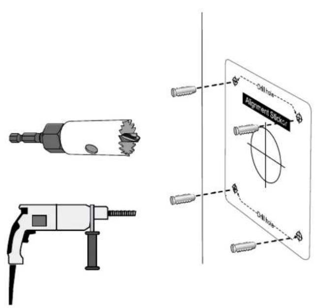 Technical diagram showing components of a drill bit with labeled parts including drill hole, alignment sticker, and drill hole.