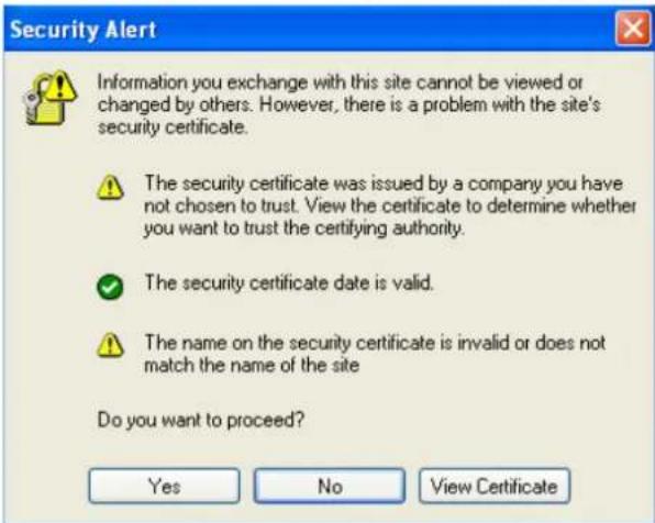 Security Alert Information you exchange with this site cannot be viewed or changed by others. However, there is a problem with the site's security certificate. The security certificate was issued by a company you have not chosen to trust. View the certificate to determine whether you want to trust the certifying authority. The security certificate date is valid. The name on the security certificate is invalid or does not match the name of the site Do you want to proceed? Yes No View Certificate