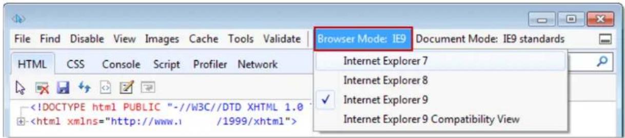 File Find Disable View Images Cache Tools Validate Browser Mode: IE9 Document Mode: IE9 standards HTML CSS Console Script Profiler Network Internet Explorer 7 Internet Explorer 8 ✓ Internet Explorer 9 Internet Explorer 9 Compatibility View