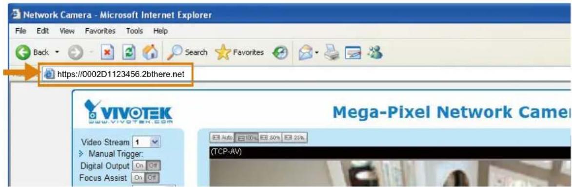 Network Camera - Microsoft Internet Explorer File Edit View Favorites Tools Help Back Search Favorites https://0002D1123456.2bthere.net VIVOTEK www.vivotek.com Video Stream 1 Manual Trigger: Digital Output On Off Focus Assist On Off Mega-Pixel Network Camer Auto 100% 80% 25% (TCP-AV)