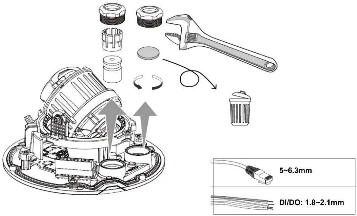 Technical diagram illustrating the assembly of an engine with labeled components and dimensions, including a wrench, gear, and internal parts.