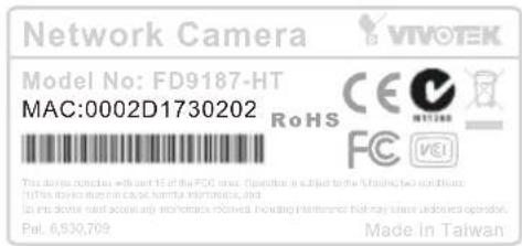 Network Camera VIVOTEK Model No: FD9187-HT MAC:0002D1730202 RoHS CE N11248 FC VEI This device includes without 15 of the FDS max. operation is subject to the following two conditions: (1) This device may include basic hardware components, and to the device next access any maintenance required, howing Internet Hotkey values undesired operation. Pat. 6,930,709 Made in Taiwan