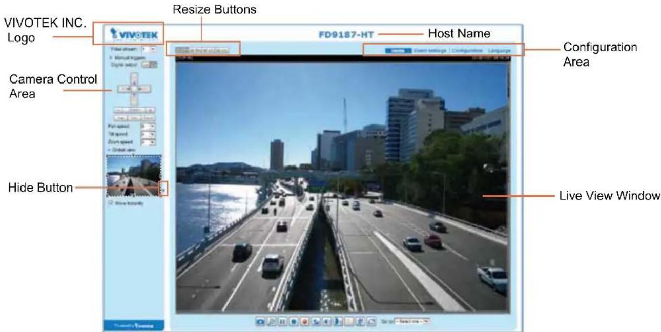 VIVOTEK INC. Logo Resize Buttons VIVOTEK FD9187-HT — Host Name Camera Control Area Hide Button Event settings Configuration Linkage Configuration Area Live View Window