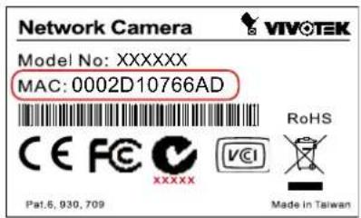 Network Camera VIVO TEK Model No: XXXXXX MAC: 0002D10766AD CE FCE XXXXX Pat.6, 930, 709 RoHS Made in Taiwan