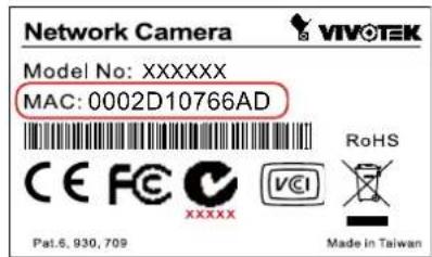 Network Camera VIVO TEK Model No: XXXXXX MAC: 0002D10766AD CE FE XXXXX VoCI RoHS Pal.5, 930, 709 Made in Taiwan