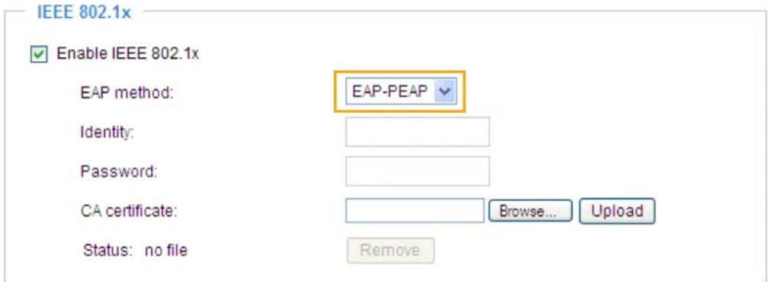 IEEE 802.1x Enable IEEE 802.1x EAP method: EAP-PEAP Identity: Password: CA certificate: Browse... Upload Status: no file Remove