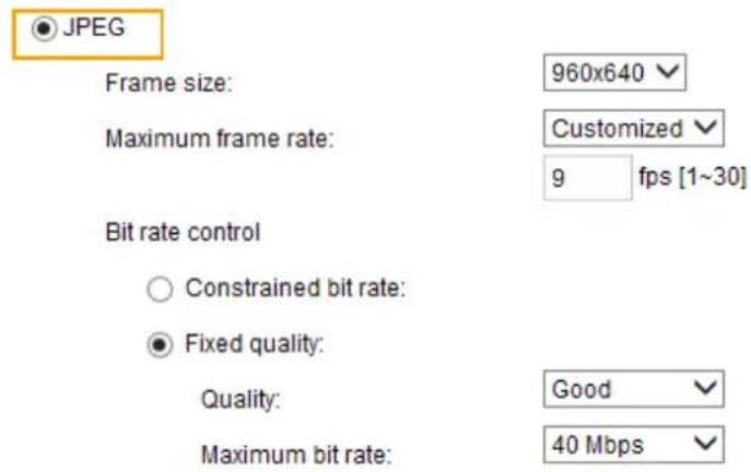 JPEG Frame size: 960x640 Maximum frame rate: Customized 9 fps [1~30] Bit rate control Constrained bit rate: Fixed quality: Quality: Good Maximum bit rate: 40 Mbps