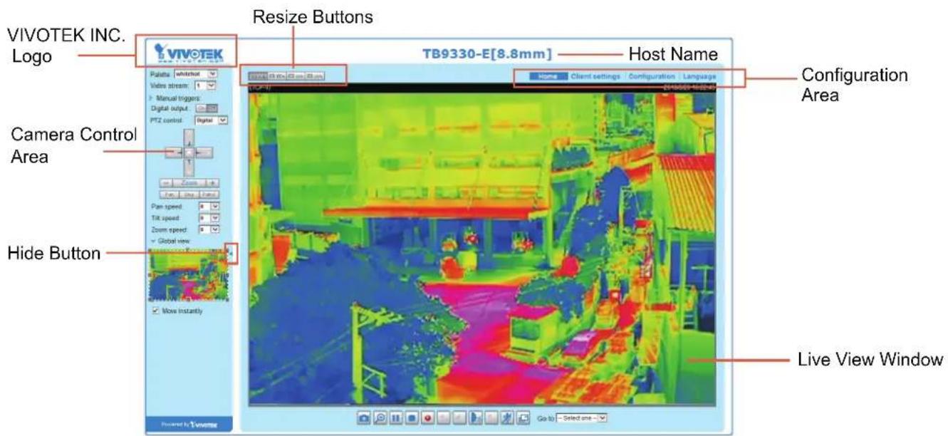 VIVOTEK INC. Logo Resize Buttons TB9330-E[8.8mm] Host Name Configuration Area Camera Control Area Hide Button Live View Window