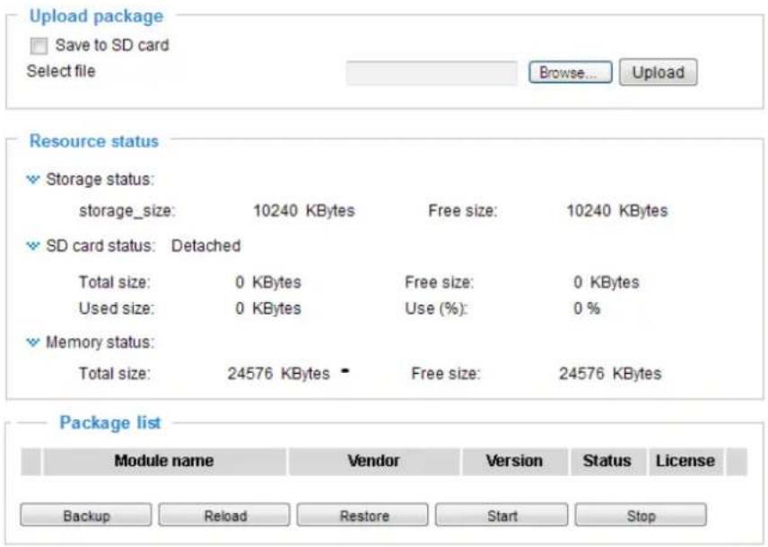 Upload package Save to SD card Select file Browse... Upload Resource status Storage status: storage_size: 10240 KBytes Free size: 10240 KBytes SD card status: Detached Total size: 0 KBytes Free size: 0 KBytes Used size: 0 KBytes Use (%): 0 % Memory status: Total size: 24576 KBytes Free size: 24576 KBytes Package list Module name Vendor Version Status License Backup Reload Restore Start Stop