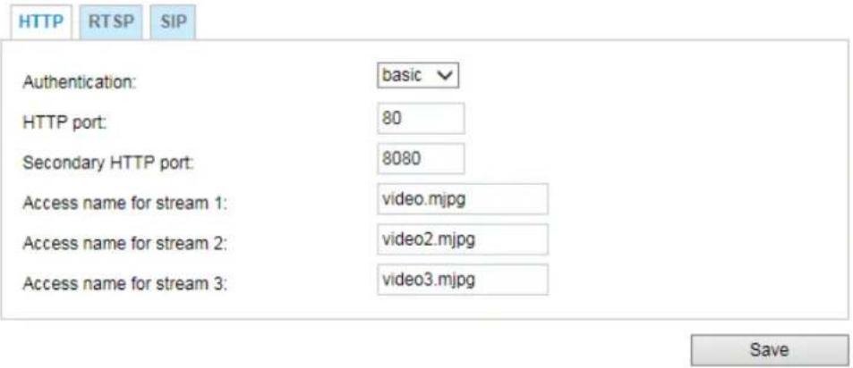 HTTP RTSP SIP Authentication: basic HTTP port: 80 Secondary HTTP port: 8080 Access name for stream 1: video.mjpg Access name for stream 2: video2.mjpg Access name for stream 3: video3.mjpg Save