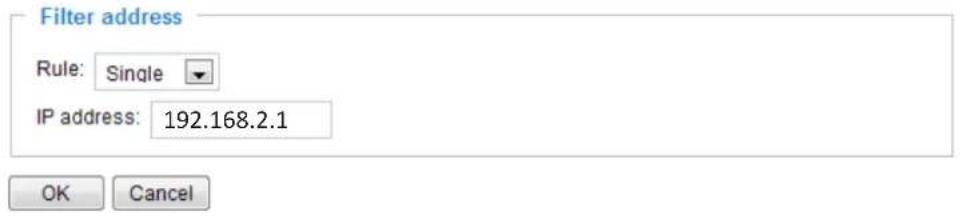 Filter address Rule: Single IP address: 192.168.2.1 OK Cancel