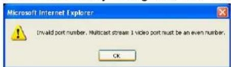Microsoft Internet Explorer Invalid port number. Multicast stream 1 video port must be an even number. OK