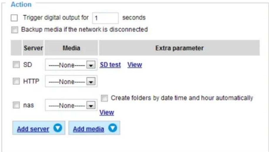 Action Trigger digital output for 1 seconds Backup media if the network is disconnected Server Media Extra parameter SD ----None---- SD test View HTTP ----None---- nas ----None---- Create folders by date time and hour automatically View Add server Add media