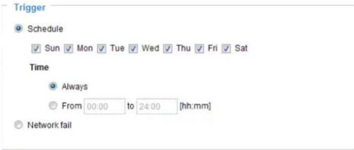 Trigger Schedule Sun Mon Tue Wed Thu Fri Sat Time Always From 00:00 to 24:00 [hh:mm] Network fail