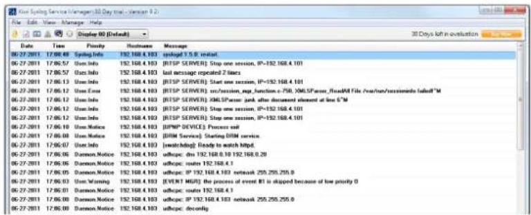 06-27-2011 17:08:48 Syring Info 192.168.4.103 cplogd 7.5.9 matal 06-27-2011 17:06:57 UsnInfo 192.168.4.103 [RTSP SERVER] Stop one session, IP=192.168.4.101 06-27-2011 17:06:57 UsnInfo 192.168.4.103 last message repeated 2 likes 06-27-2011 17:06:13 UsnInfo 192.168.4.103 [RTSP SERVER] Start one session, IP=192.168.4.101 06-27-2011 17:06:12 UsnCns 192.168.4.103 [RTSP SERVER] Run/session_reg_function c=750, XMLSPuser ,fixedM File /run/run/assessments failedTM 06-27-2011 17:06:12 UsnInfo 192.168.4.103 [RTSP SERVER] XMLSPuser park after document element at line 5TM 06-27-2011 17:06:12 UsnInfo 192.168.4.103 [RTSP SERVER] Stop one session, IP=192.168.4.101 06-27-2011 17:06:12 UsnInfo 192.168.4.103 [RTSP SERVER] Stop one session, IP=192.168.4.101 06-27-2011 17:06:10 UsnNotice 192.168.4.103 [RMPF DEVICES] Process end 06-27-2011 17:06:08 UsnNotice 192.168.4.103 [DRM Service] Starting DRM service 06-27-2011 17:06:07 UsnInfo 192.168.4.103 [watchdog] Ready to watch Mtpd 06-27-2011 17:06:05 DaemonNotice 192.168.4.103 udupc: dns 192.168.4.10 192.168.4.20 06-27-2011 17:06:05 DaemonNotice 192.168.4.103 udupc: uaten 192.168.4.1 06-27-2011 17:06:05 DaemonNotice 192.168.4.103 udupc: IP 192.168.4.103 network 255.255.255.0 06-27-2011 17:06:03 Umt.Warning 192.168.4.103 [EVENT SMART] the process of event RT is stopped because of low priority D 06-27-2011 17:06:01 DaemonNotice 192.168.4.103 udupc: uaten 192.168.4.1 06-27-2011 17:06:08 DaemonNotice 192.168.4.103 udupc: IP 192.168.4.103 network 255.255.255.0 06-27-2011 17:06:08 DaemonNotice 192.168.4.103 udupc: deconfig
