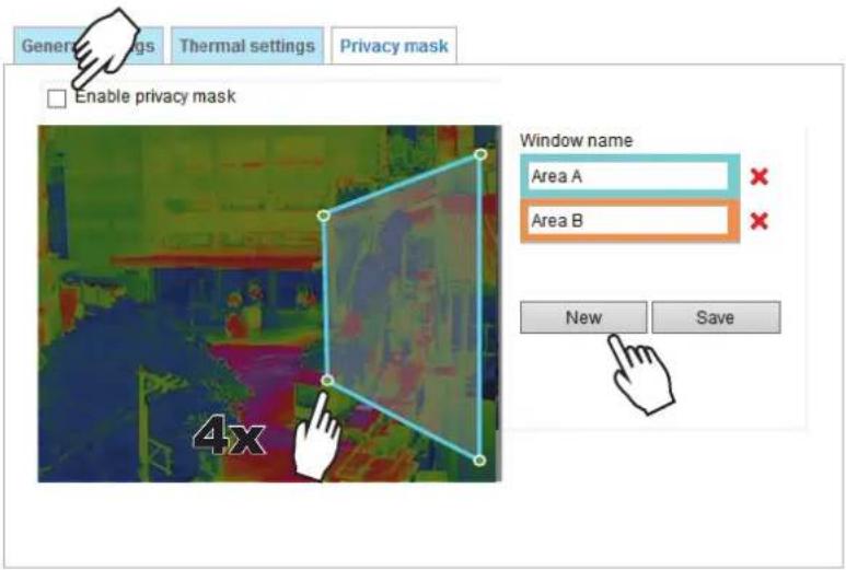 General settings Thermal settings Privacy mask Enable privacy mask Window name Area A Area B New Save 4x