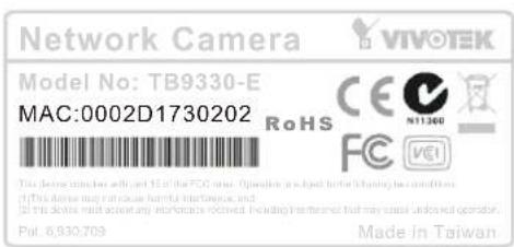 Network Camera VIVOTEK Model No: TB9330-E MAC:0002D1730202 ReHS CE N11360 FC VEI This device includes with an IR of the FCC new operation is applied to the following two conditions: (If this device may not cause harmful interference, and (If this device must account any workplace relevant heading or transferred that may cause undoneal operation. Pat. 6,930,709 Made in Taiwan
